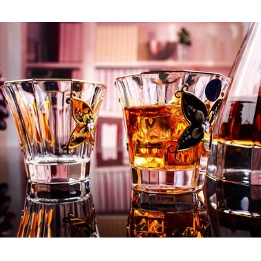 波西米亚风格描金水晶玻璃洋酒杯珐琅花威士忌杯酒具七件套装